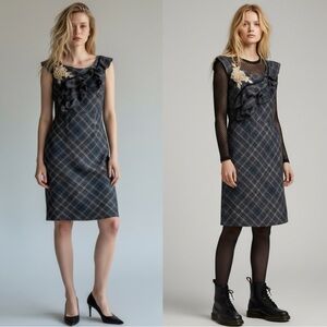 Anthropologie Floreat Tartan Plaid Wool Retro 50s Ruffle Floral Dress 2 Punk
